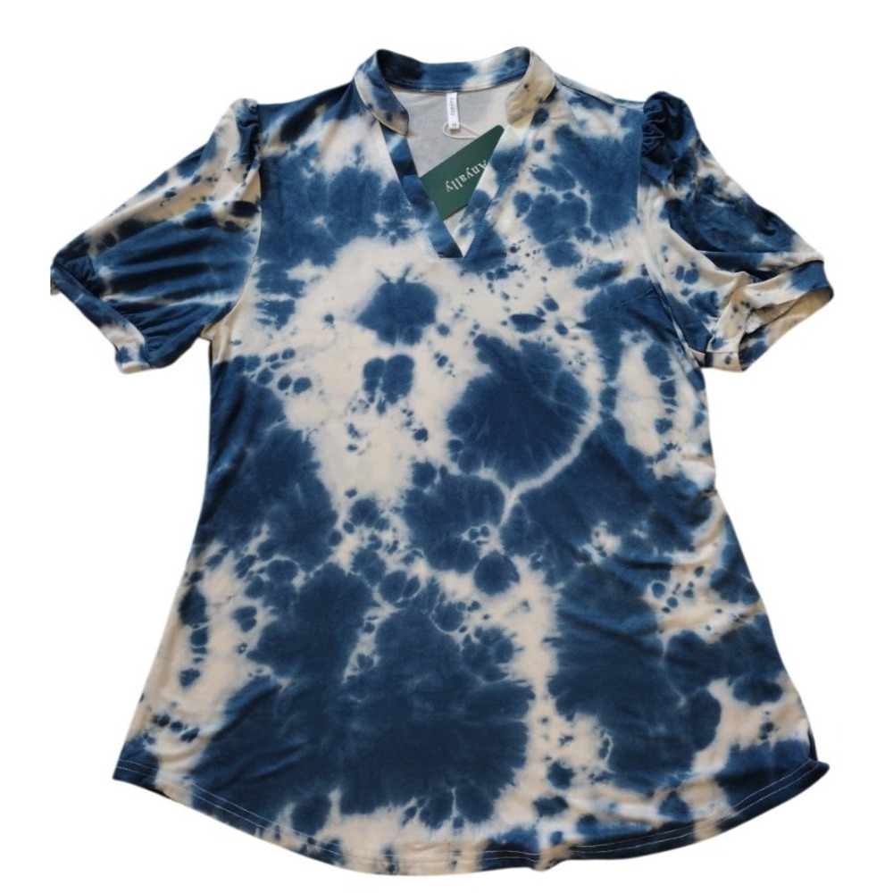 Anyally Blouse Woman's M Blue White Tie Dye‎ Short Sleeve V Neck